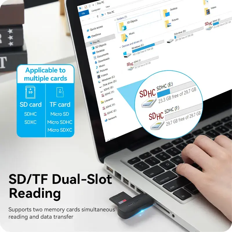 Vention 2-in-1 USB 3.2 Gen 1 (USB 3.0) kortelių skaitytuvas — SD ir MicroSD, juodas, kompaktiškas