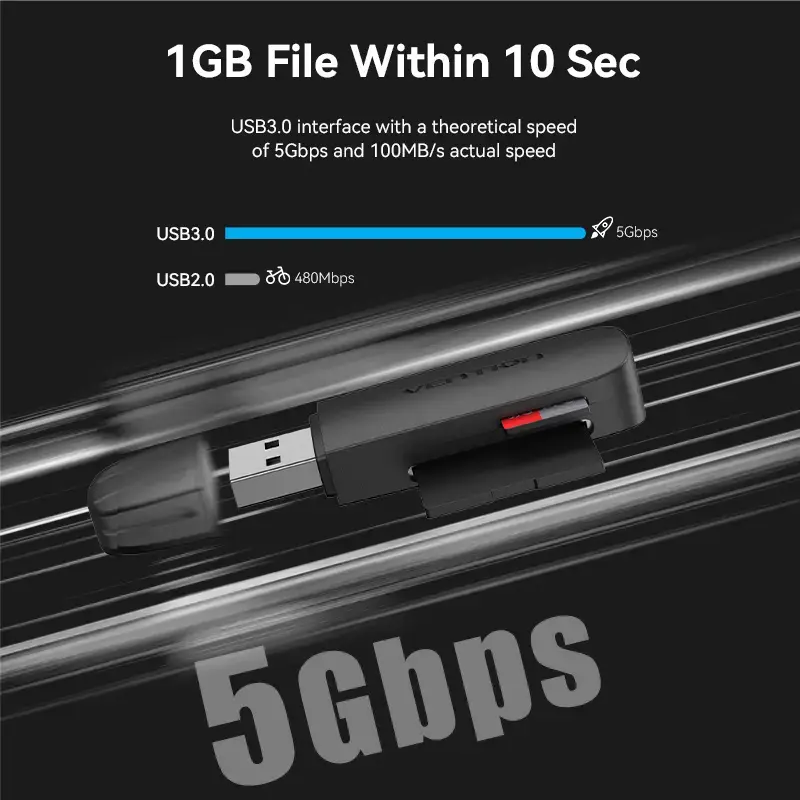 Vention 2-in-1 USB 3.2 Gen 1 (USB 3.0) kortelių skaitytuvas — SD ir MicroSD, juodas, kompaktiškas