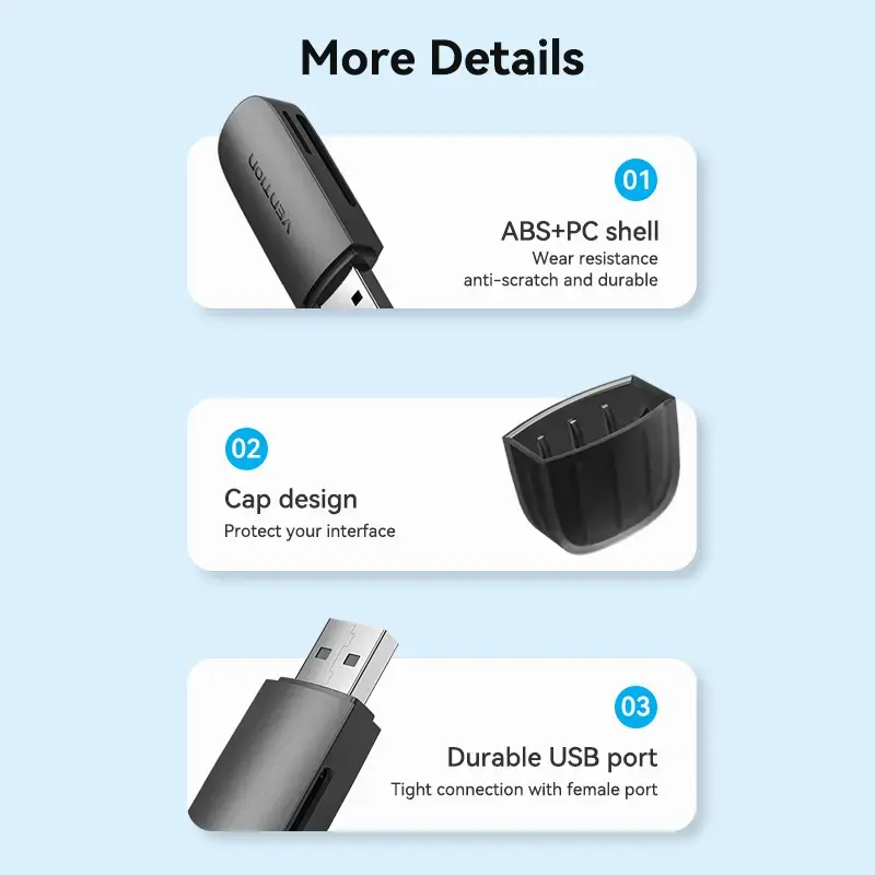 Vention 2-in-1 USB 3.0 A kortelių skaitytuvas SD+TF, USB 3.2 Gen 1, 5000 Mbit/s, juodas