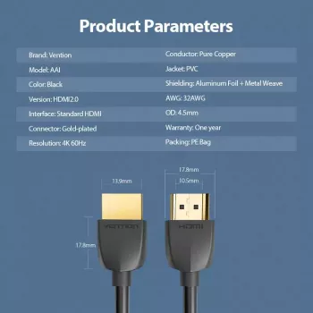 Vention nešiojamas HDMI laidas 0,5 m juodas HDMI 2.0 18 Gbit/s