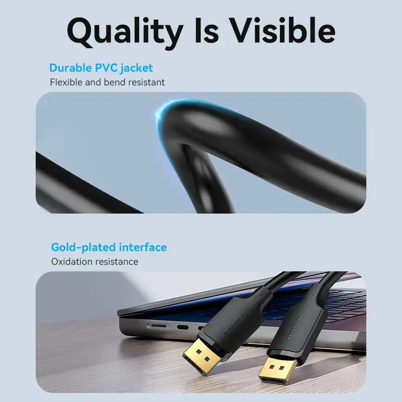 Vienos lizdo DisplayPort kabelis VYRIŠKAS-VYRIŠKAS Vention 1,5 m, 4K HD, juodas, 6 mm skersmens