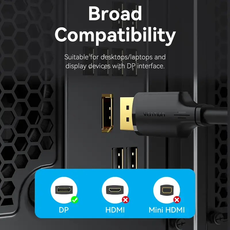 Vienos lizdo DisplayPort kabelis VYRIŠKAS-VYRIŠKAS Vention 1,5 m, 4K HD, juodas, 6 mm skersmens