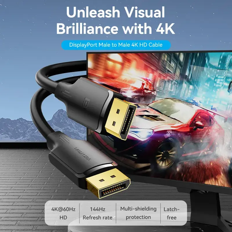 Vienos lizdo DisplayPort kabelis VYRIŠKAS-VYRIŠKAS Vention 1,5 m, 4K HD, juodas, 6 mm skersmens