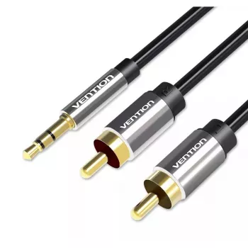 Garso kabelis Vention 3,5 mm lizdas – 2×RCA kištukas, 1,5 m, aliuminis/juodas