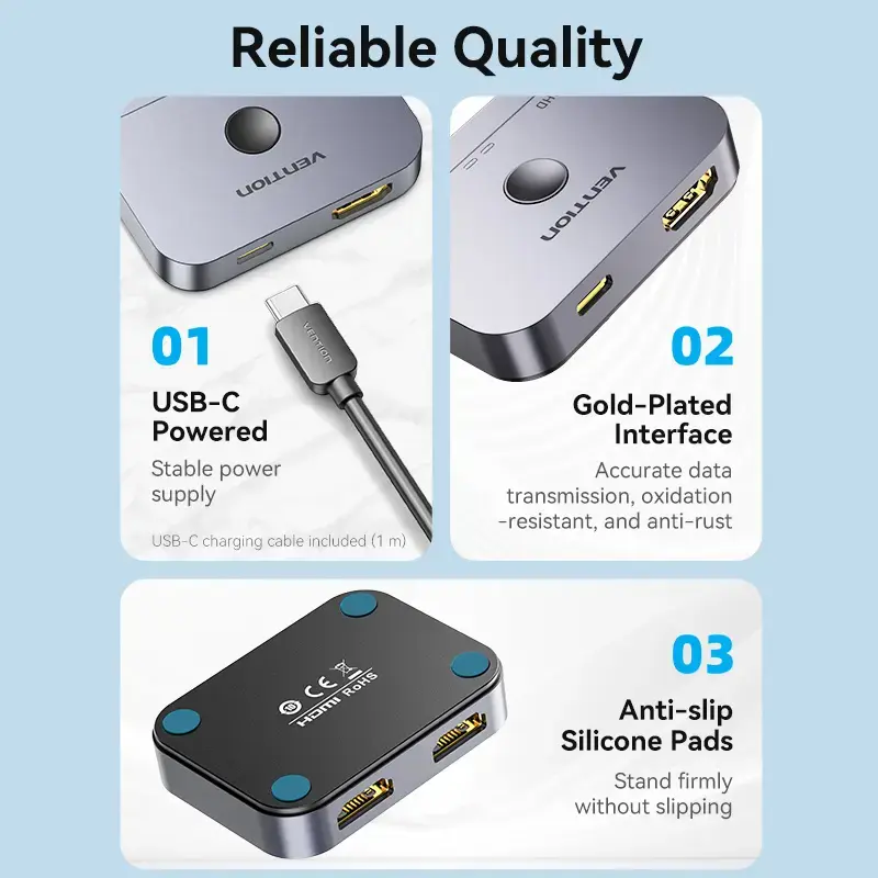 Vention 2 prievadų dvikryptis 8K HDMI jungiklis AKPH0, HDMI 2.1, 7680×4320@60Hz, USB-C maitinimas, aliuminis, pilkas