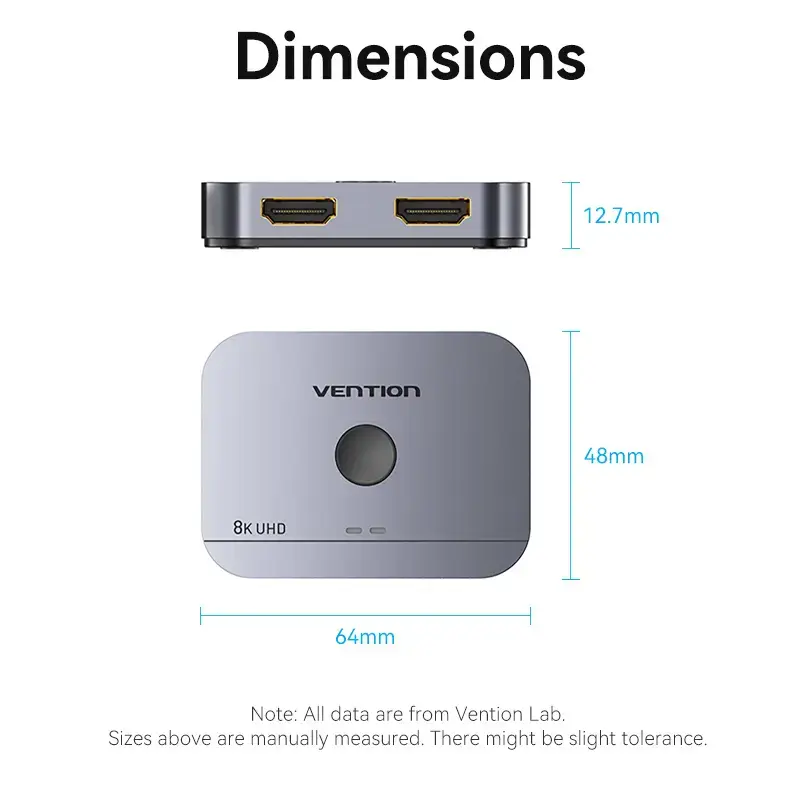 Vention 2 prievadų dvikryptis 8K HDMI jungiklis AKPH0, HDMI 2.1, 7680×4320@60Hz, USB-C maitinimas, aliuminis, pilkas