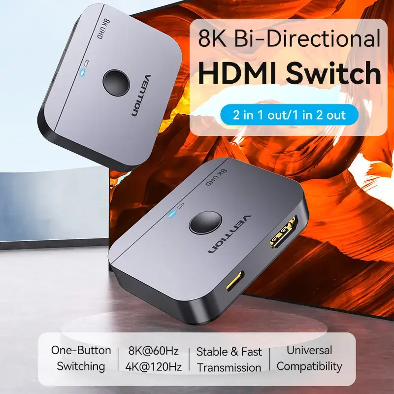 Vention 2 prievadų dvikryptis 8K HDMI jungiklis AKPH0, HDMI 2.1, 7680×4320@60Hz, USB-C maitinimas, aliuminis, pilkas