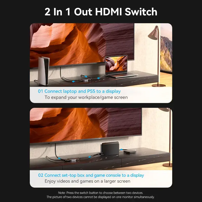 Vention 2 prievadų dvikryptis 8K HDMI jungiklis AKPH0, HDMI 2.1, 7680×4320@60Hz, USB-C maitinimas, aliuminis, pilkas