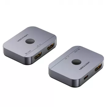 Vention 2 prievadų dvikryptis 8K HDMI jungiklis AKPH0, HDMI 2.1, 7680×4320@60Hz, USB-C maitinimas, aliuminis, pilkas
