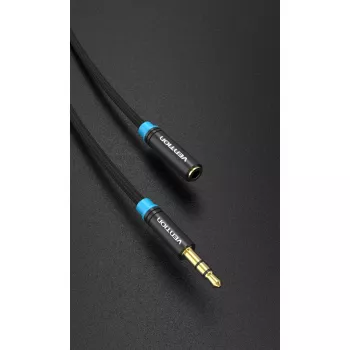 Garso ilginimo laidas Vention 3.5 mm 1,5 m, kištukas-lizdas, medvilninis pintas, juodas metalinis apdaila