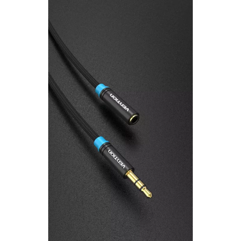 Garso ilginimo laidas Vention 3.5 mm 1,5 m, kištukas-lizdas, medvilninis pintas, juodas metalinis apdaila