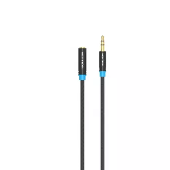 Garso ilginimo laidas Vention 3.5 mm 1,5 m, kištukas-lizdas, medvilninis pintas, juodas metalinis apdaila