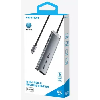 Docking stotelė Vention 9-in-1 USB-C TGVHB — RJ-45, HDMI 4K@60Hz, USB 3.2 Gen1, SD/MicroSD, 1x USB-C