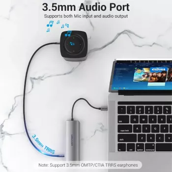 Vieno stotelės USB-C dokas Vention su HDMI, USB3.0x3, RJ45, SD/TF, 3.5mm, PD 0,15m, pilkas aliuminis