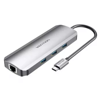 Vieno stotelės USB-C dokas Vention su HDMI, USB3.0x3, RJ45, SD/TF, 3.5mm, PD 0,15m, pilkas aliuminis