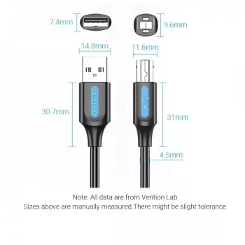 USB 2.0 A tipo (vyriškas) į B tipo (vyriškas) laidas Vention COQBJ, 0,5 m, juodas, PVC apvalkalas, 2 A, 0,48 Gbit/s