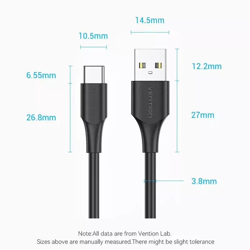 Vention USB 2.0 A (vyriškas) į C (vyriškas) 3A laidas 0,25 m juodas