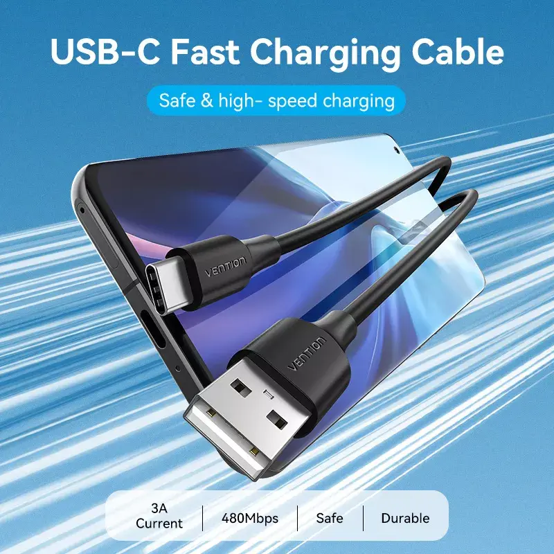 Vention USB 2.0 A (vyriškas) į C (vyriškas) 3A laidas 0,25 m juodas