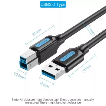 Vention USB 3.0 A-B laidas 3 m — USB 3.2 Gen 1 (5 Gbit/s), juodas, nikeliuotos jungtys