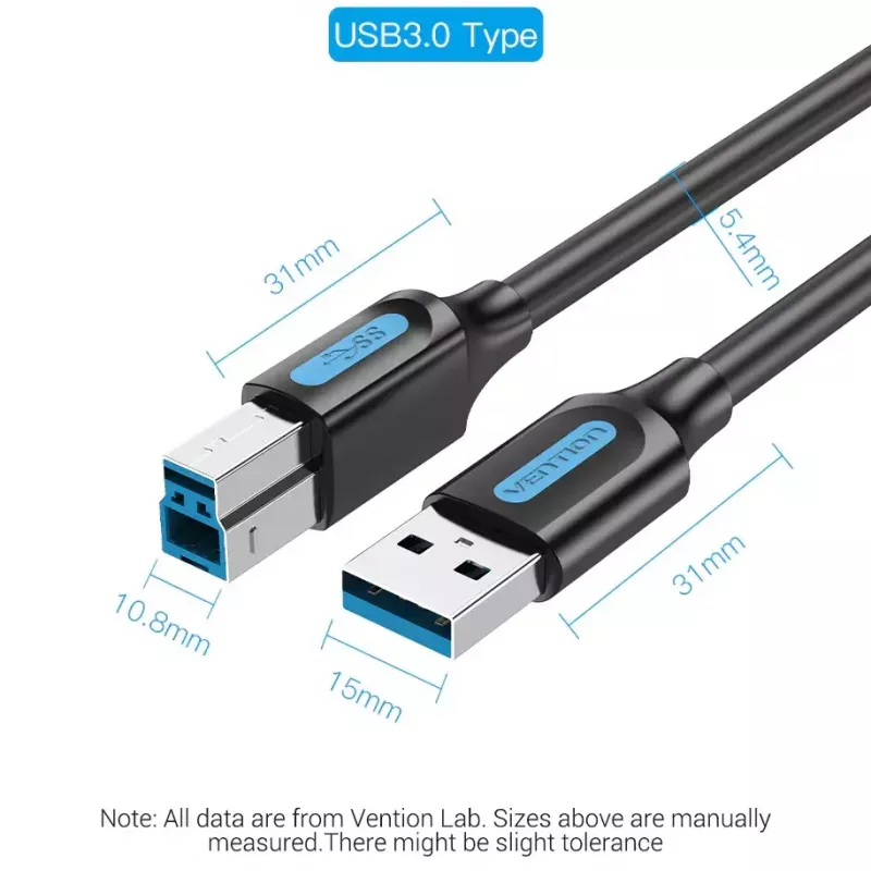 Vention USB 3.0 A-B laidas 3 m — USB 3.2 Gen 1 (5 Gbit/s), juodas, nikeliuotos jungtys