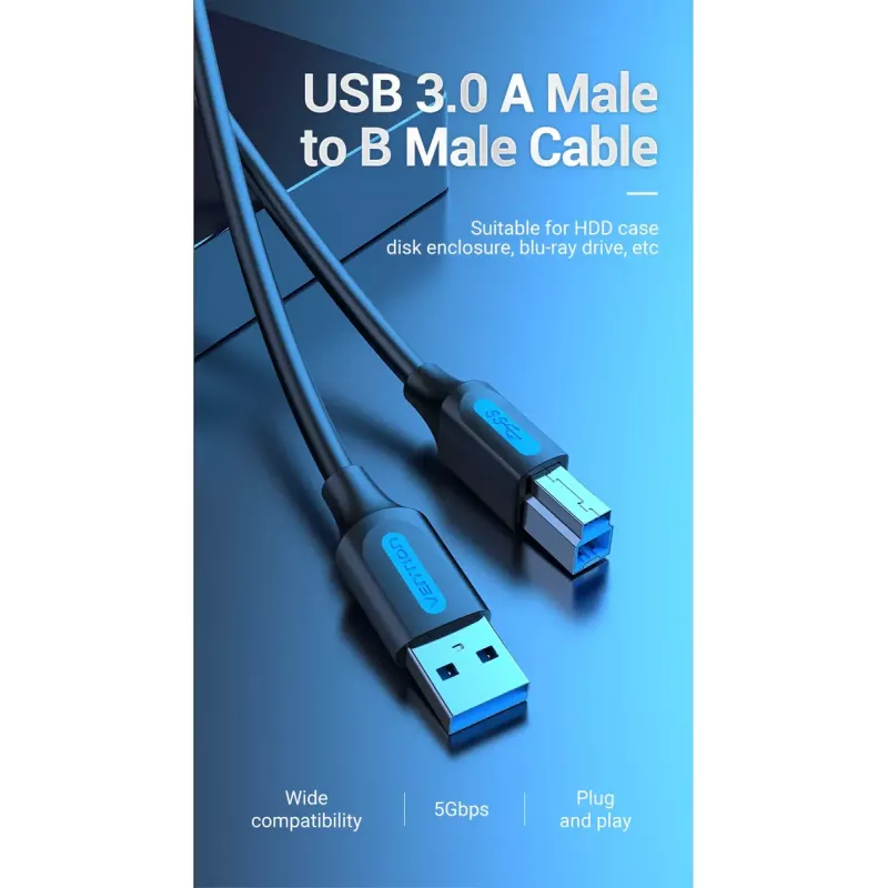 Vention USB 3.0 A-B laidas 3 m — USB 3.2 Gen 1 (5 Gbit/s), juodas, nikeliuotos jungtys