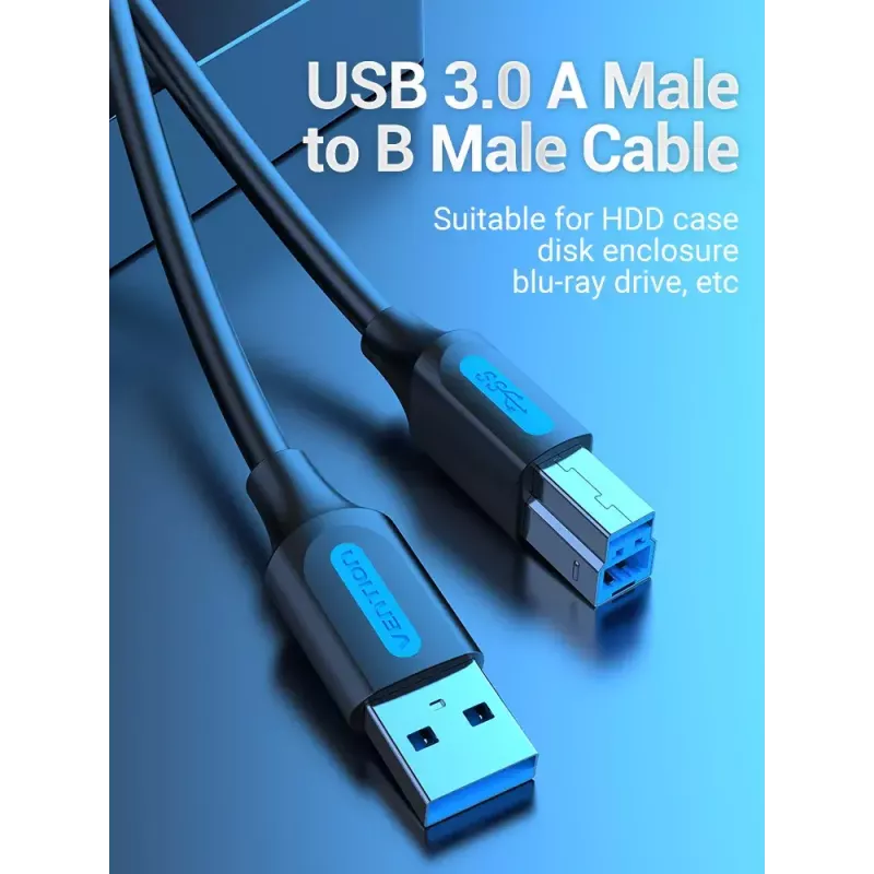 Vention USB 3.0 A-B laidas 3 m — USB 3.2 Gen 1 (5 Gbit/s), juodas, nikeliuotos jungtys