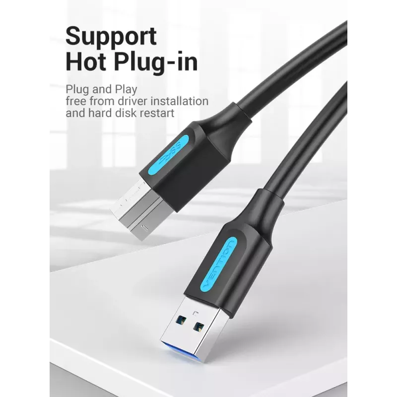 Vention USB 3.0 A-B laidas 3 m — USB 3.2 Gen 1 (5 Gbit/s), juodas, nikeliuotos jungtys