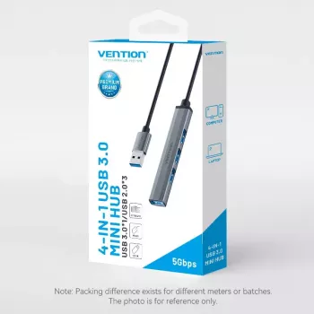 USB šakotuvas Vention CKOHB — 4 prievadų USB 3.2 Gen 1 / USB 2.0 šakotuvas, 0,15 m laidas, pilkas aliuminis