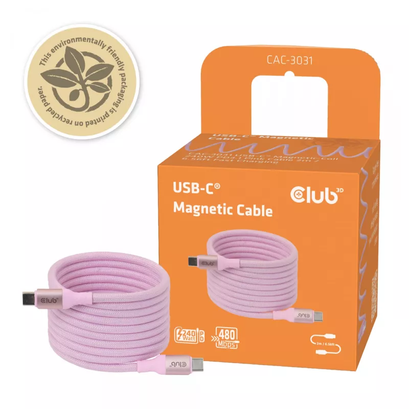 CLUB3D USB-C magnetinė ritė 240W rožinis kabelis 2m USB 2.0