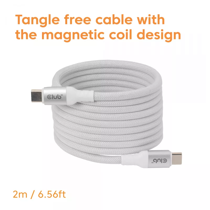 USB-C magnetinės ritės laidas Club 3D CAC-3032 — baltas, magnetinė ritės konstrukcija įkrovimui ir duomenų perdavimui