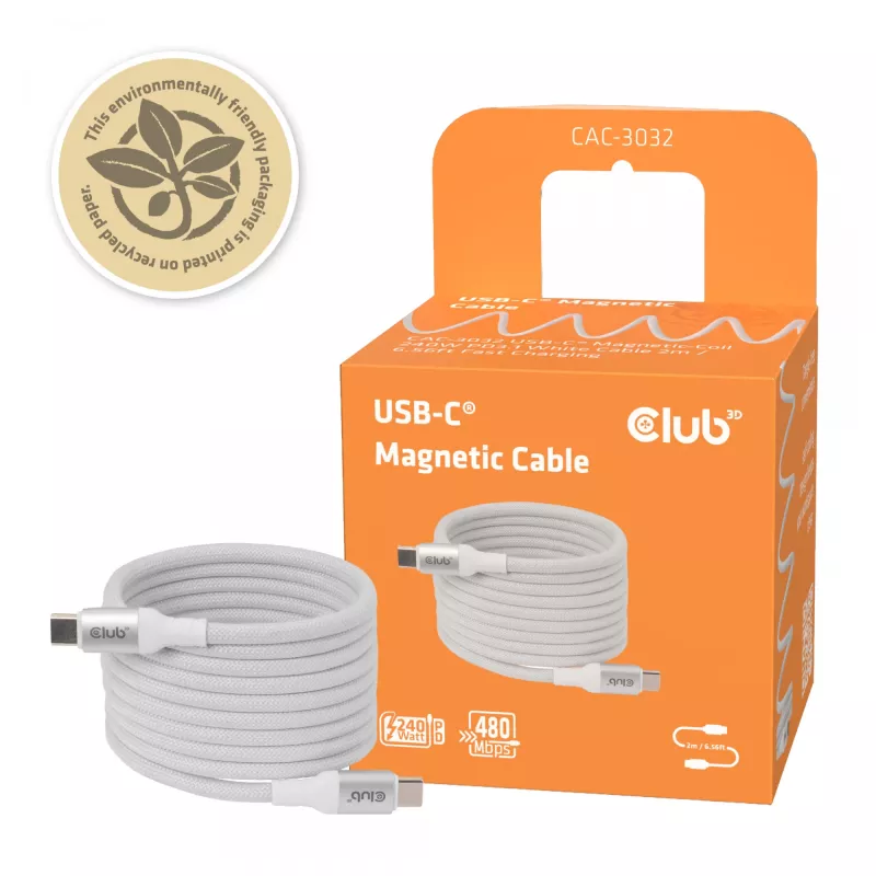 USB-C magnetinės ritės laidas Club 3D CAC-3032 — baltas, magnetinė ritės konstrukcija įkrovimui ir duomenų perdavimui