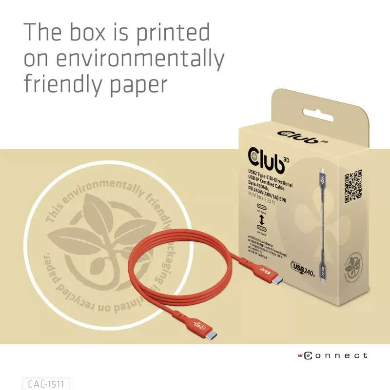 CLUB3D CAC-1515 USB2.0 Type-C abipusis USB-IF sertifikuotas laidas 480 Mb/s, PD 240 W (48 V/5 A) EPR M/M 4 m / 13,13 pėdų
