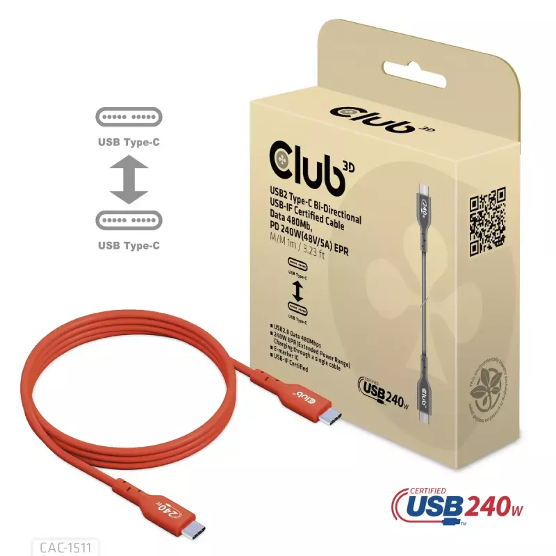 CLUB3D CAC-1515 USB2.0 Type-C abipusis USB-IF sertifikuotas laidas 480 Mb/s, PD 240 W (48 V/5 A) EPR M/M 4 m / 13,13 pėdų