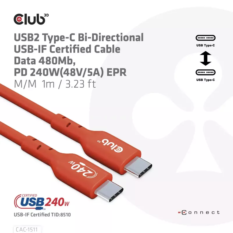 CLUB3D CAC-1515 USB2.0 Type-C abipusis USB-IF sertifikuotas laidas 480 Mb/s, PD 240 W (48 V/5 A) EPR M/M 4 m / 13,13 pėdų