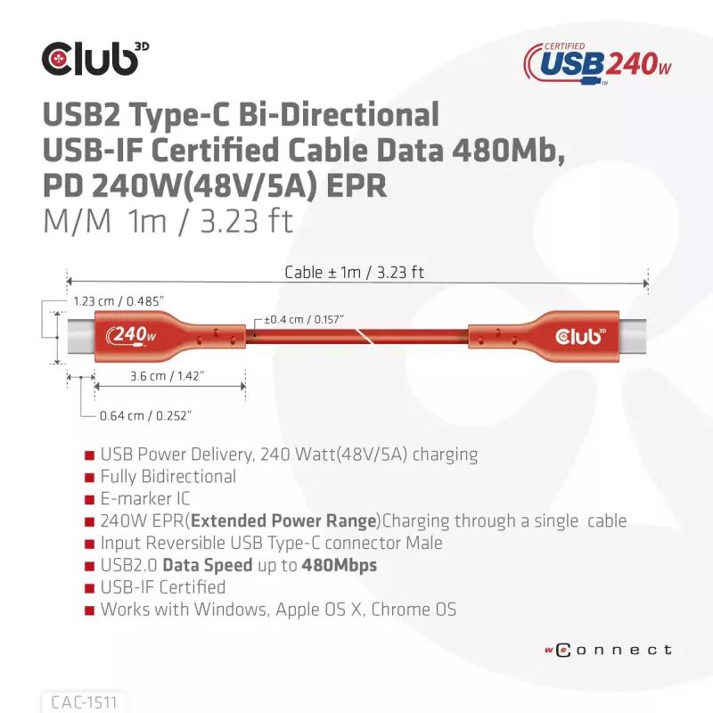 CLUB3D CAC-1515 USB2.0 Type-C abipusis USB-IF sertifikuotas laidas 480 Mb/s, PD 240 W (48 V/5 A) EPR M/M 4 m / 13,13 pėdų