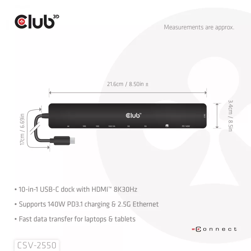 CLUB3D 10-1 Nešiojamas Dock USB Type-C 10Gbps į HDMI 8K30Hz PD3.1 Max. 140W