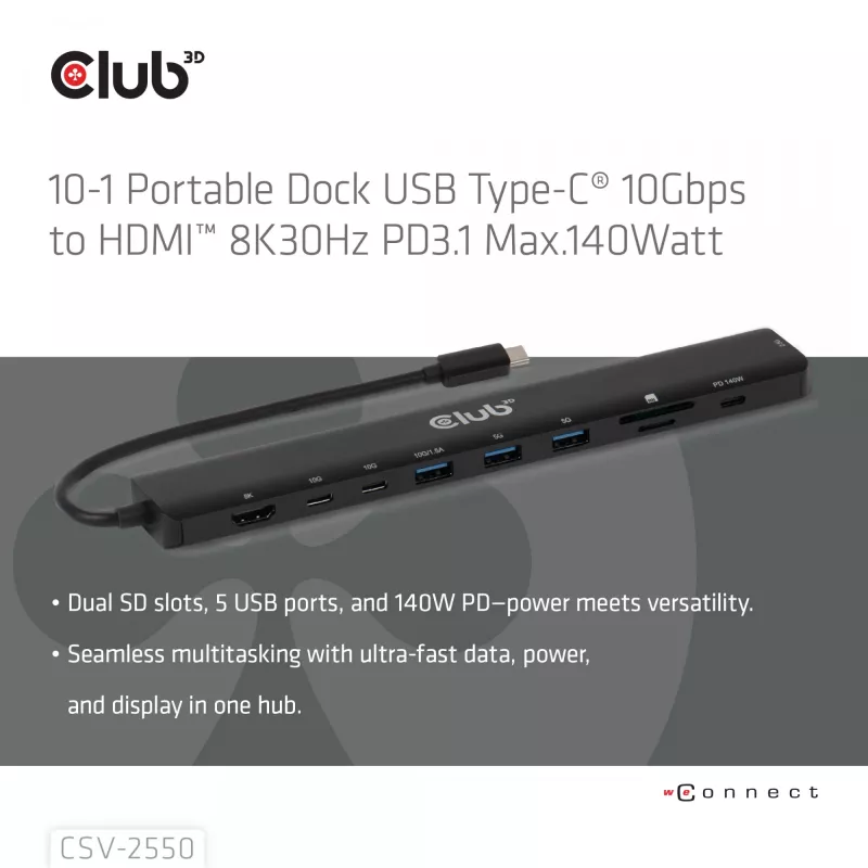 CLUB3D 10-1 Nešiojamas Dock USB Type-C 10Gbps į HDMI 8K30Hz PD3.1 Max. 140W