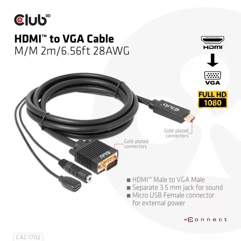 CLUB3D HDMI į VGA laidas M/M 2m 28AWG