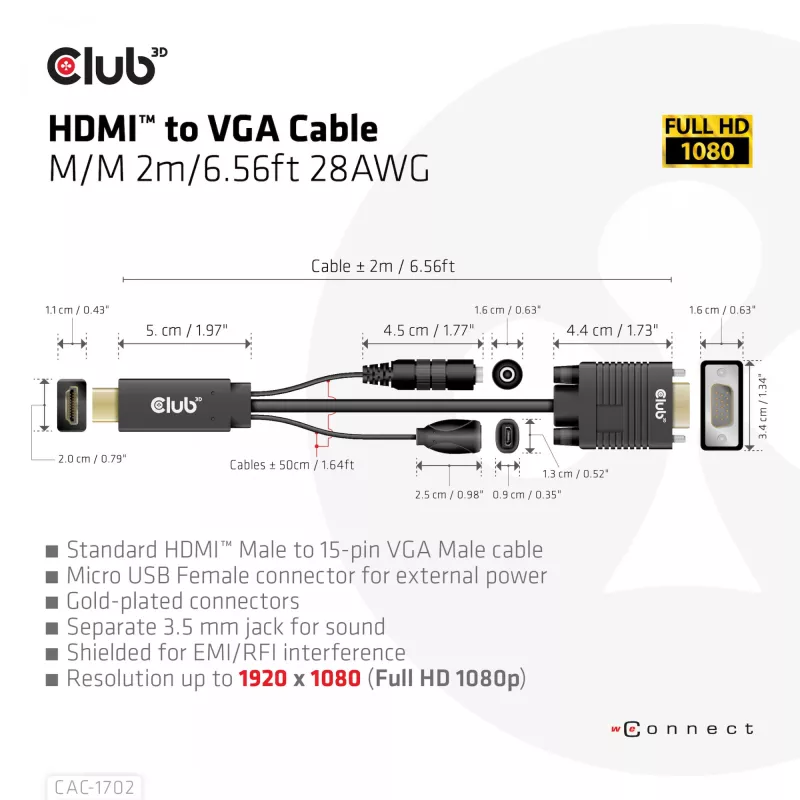 CLUB3D HDMI į VGA laidas M/M 2m 28AWG