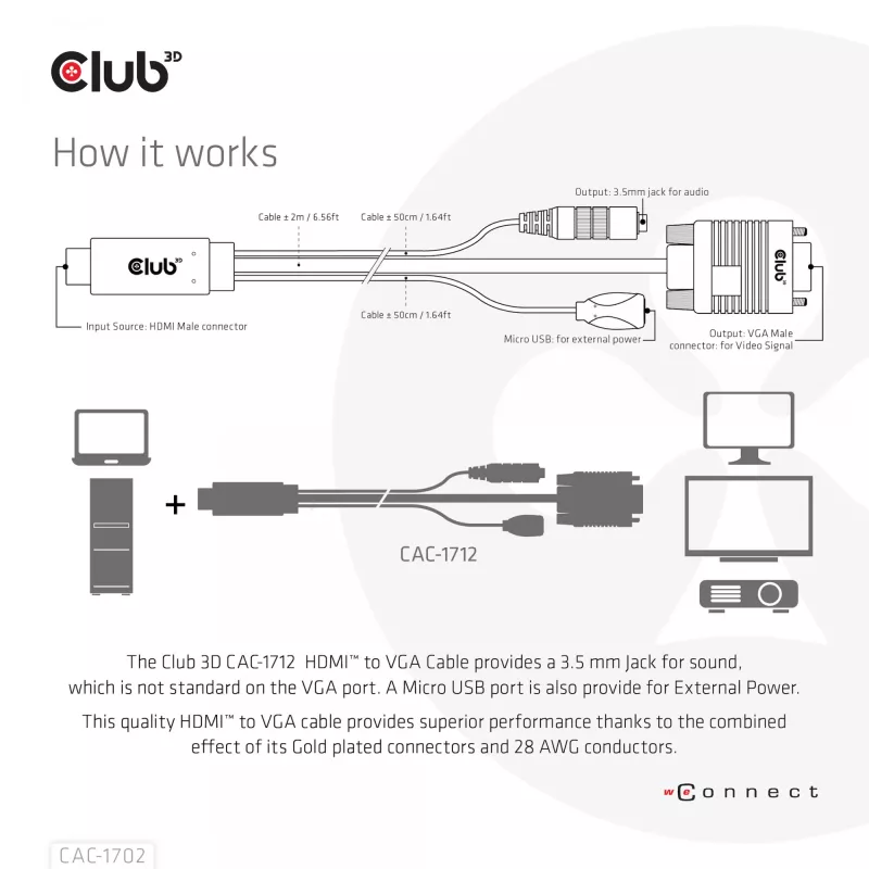CLUB3D HDMI į VGA laidas M/M 2m 28AWG