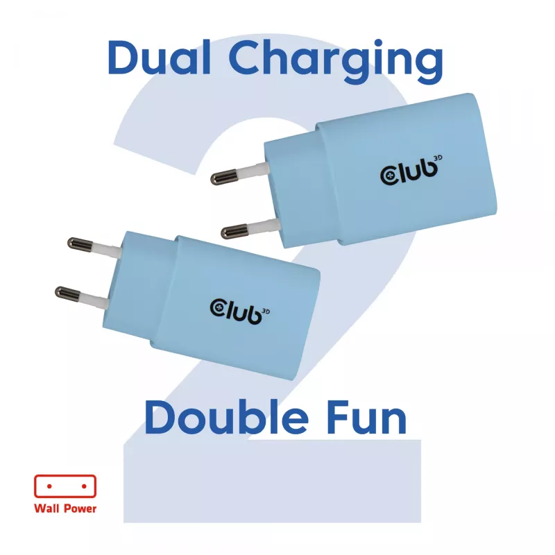 CLUB3D 2 vnt. USB-C 30 W baltas įkroviklis, vidaus, AC, mėlynas