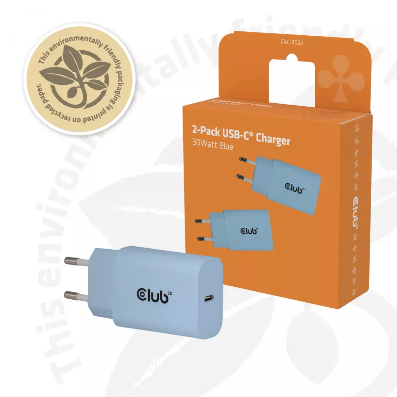 CLUB3D 2 vnt. USB-C 30 W baltas įkroviklis, vidaus, AC, mėlynas