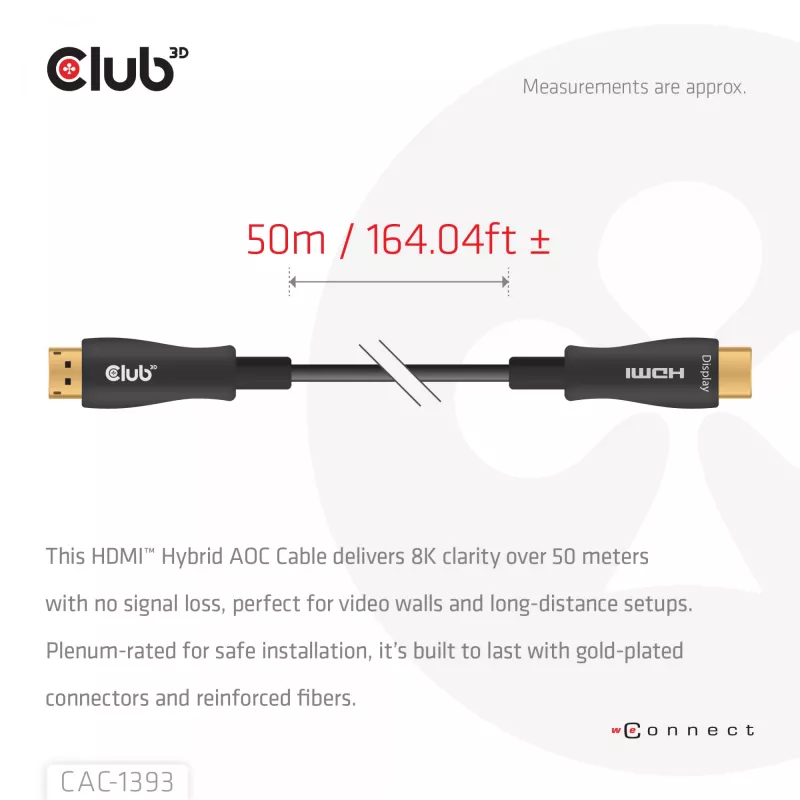 Club 3D HDMI Hybrid AOC laidas 8K60Hz / 4K120Hz 50 m, HDMI Type A kištukas–kištukas
