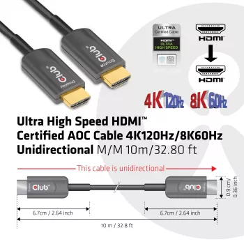 CLUB3D Ultra High Speed HDMI™ sertifikuotas AOC laidas 4K120Hz/8K60Hz Unidirectional M/M 10m/32.80ft