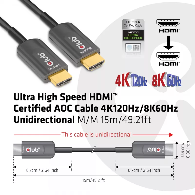 CLUB3D Ultra High Speed HDMI™ sertifikuotas aktyvus optinis kabelis 4K120Hz/8K60Hz vienakryptis M/M 15m