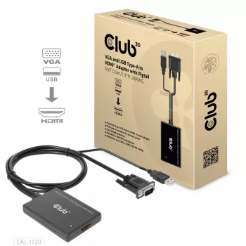 CLUB3D VGA ir USB Type-A į HDMI adapteris su pigtail kabeliu 0,6 m / 1,97 ft 28AWG