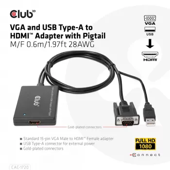 CLUB3D VGA ir USB Type-A į HDMI adapteris su pigtail kabeliu 0,6 m / 1,97 ft 28AWG