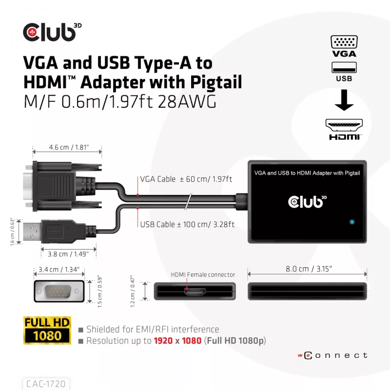 Club 3D CAC-1720 VGA ir USB Type-A į HDMI adapteris su laidu M/F, 0,6 m (1,97 ft), 28AWG, juodas