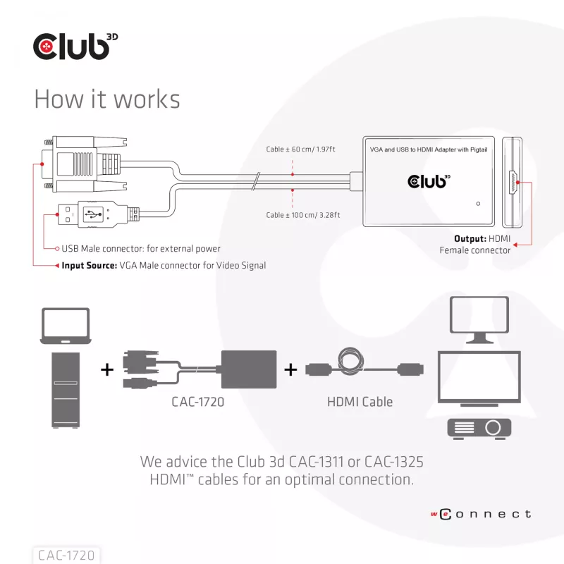 Club 3D CAC-1720 VGA ir USB Type-A į HDMI adapteris su laidu M/F, 0,6 m (1,97 ft), 28AWG, juodas
