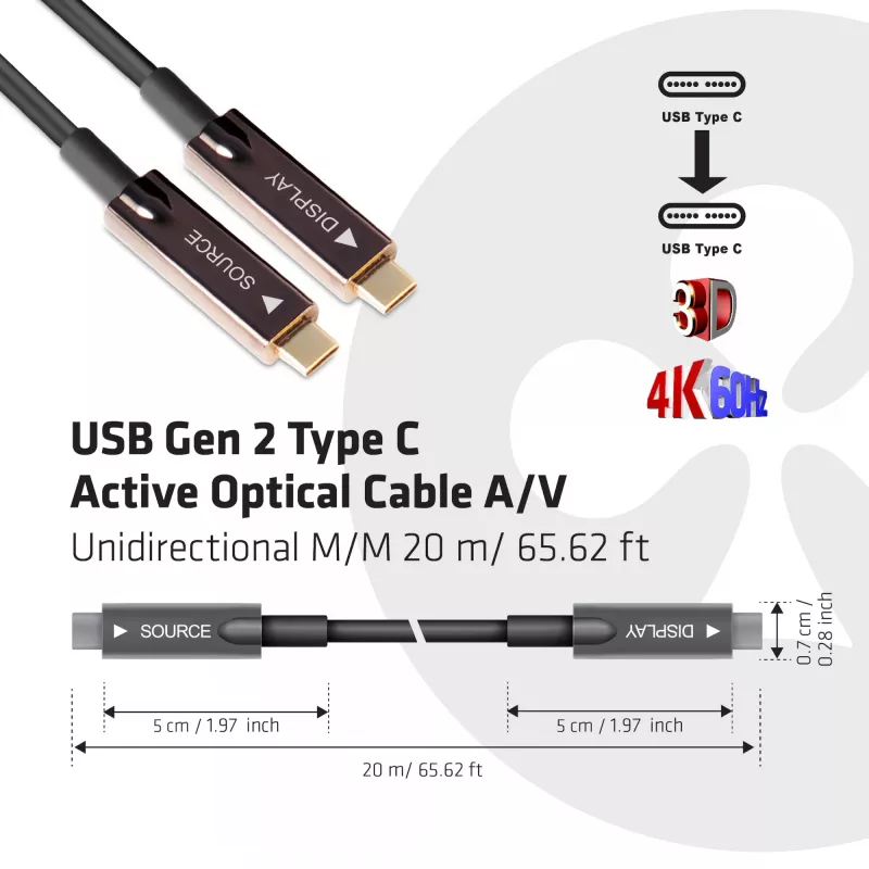 CLUB3D USB Gen 2 Type C aktyvus optinis kabelis A/V vienakryptis M/M 20 m